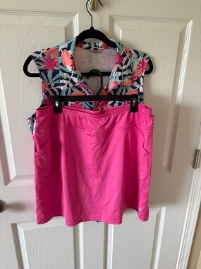 Jofit Pink Floral Print Sleeveless Golf Top, with matching pink skirt.
